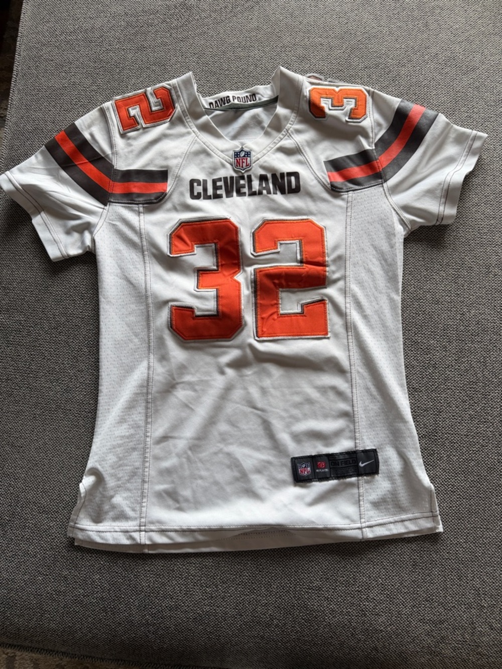 Rare Jim Brown Women's Cleveland #32 White and Orange Football Jersey sz Small